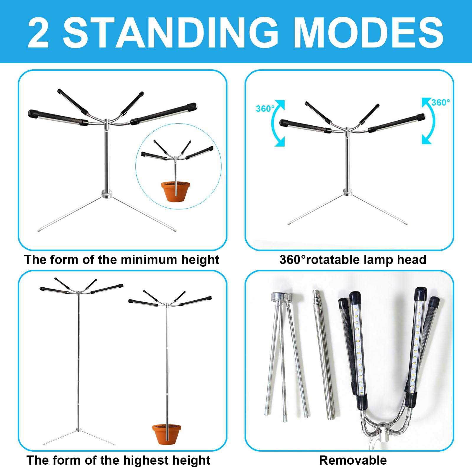 Tesdluy detachable tripod enables portable placement on pot, table, or floor.