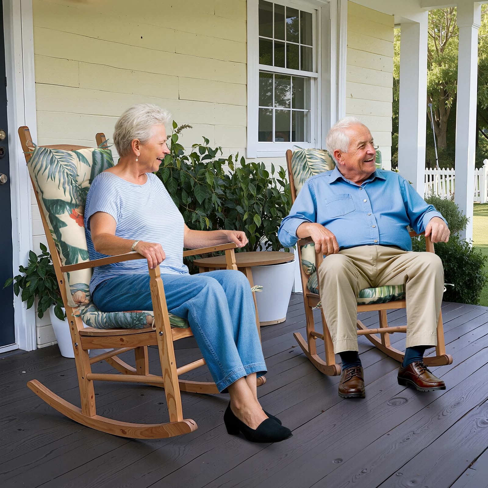 TESICA floral rocking-chair cushion beige back supports posture outdoors.