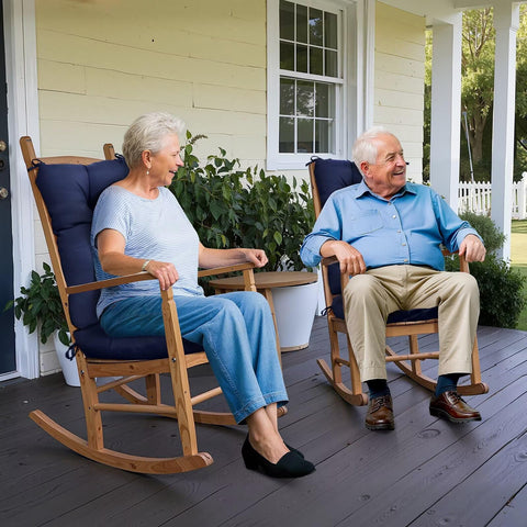 TESICA navy blue rocking chair cushion, side view showing secure fit.
