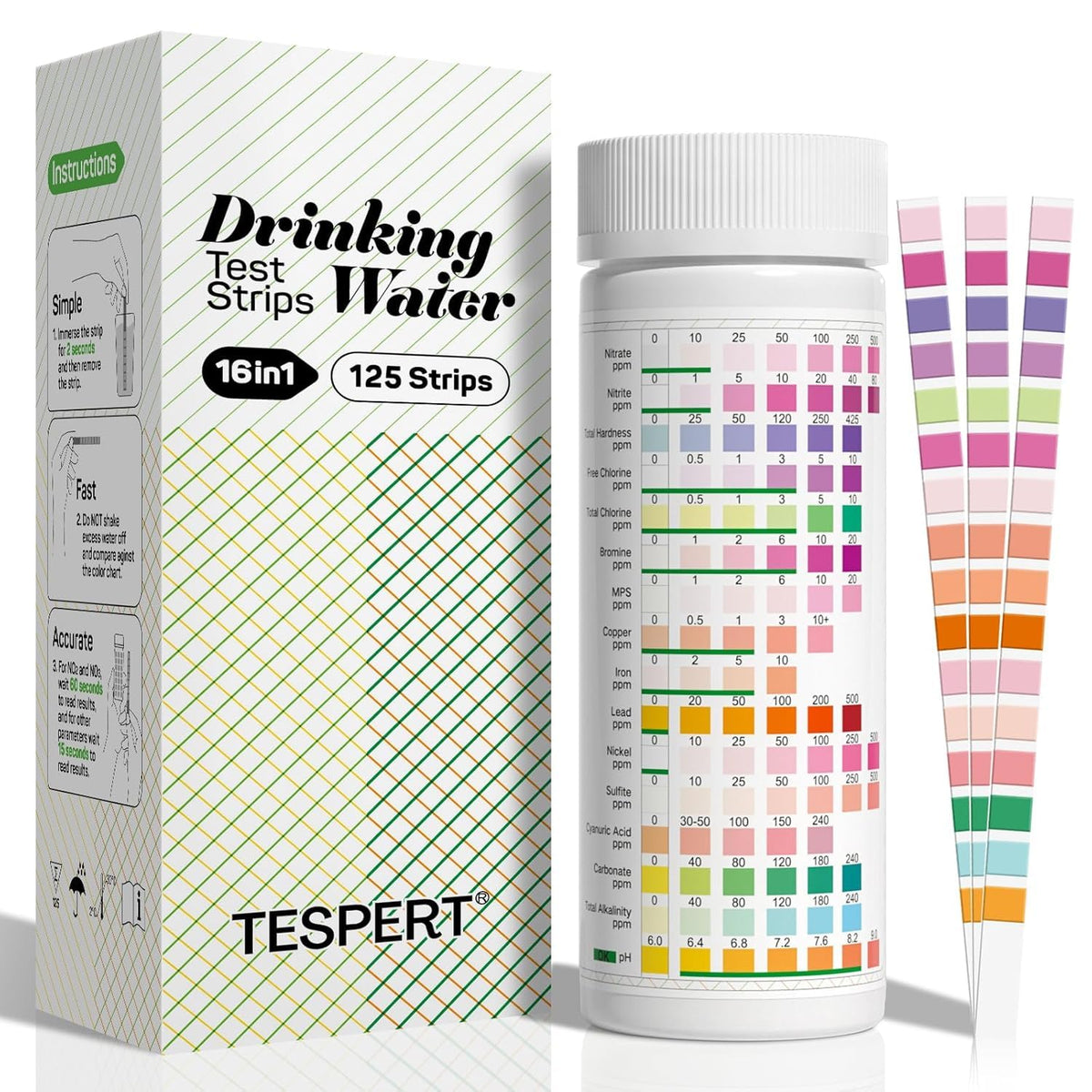 TESPERT drinking water test strips for 16-parameter home screening.