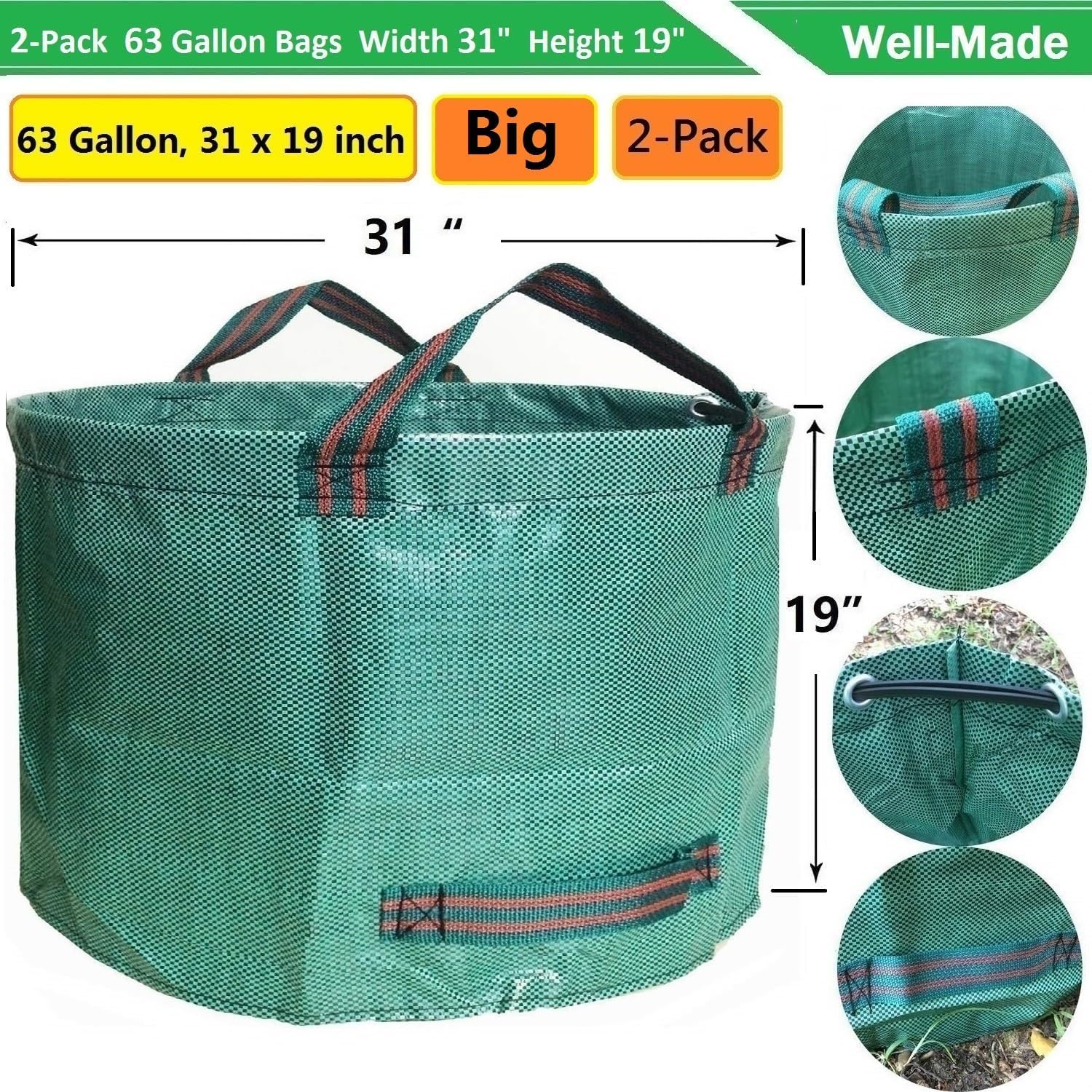 Tespher 63-gallon bag filled with leaves; showcases large capacity.