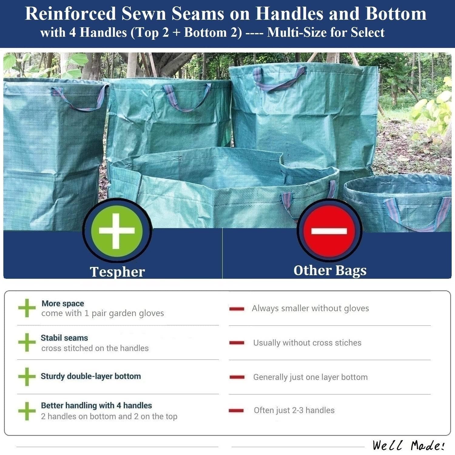 Tespher multi-use yard bag suits leaves, clippings, and camping waste.