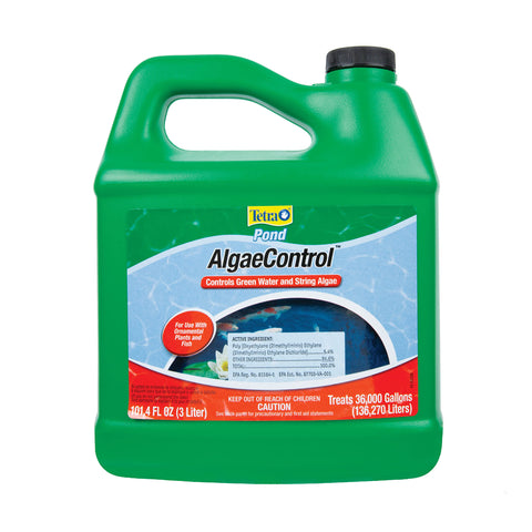 Tetra AlgaeControl bottle being poured to start pond algae treatment.