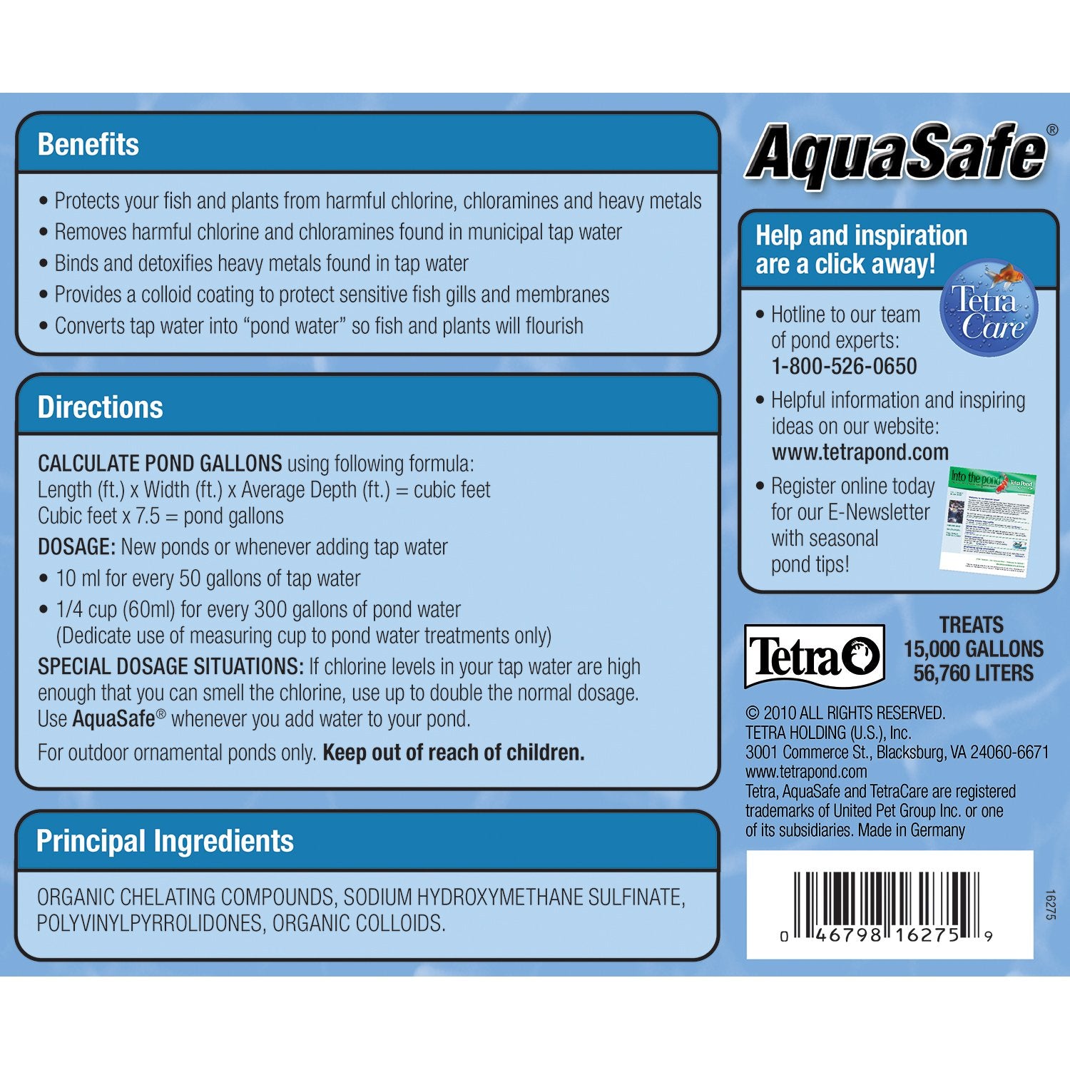 TetraPond AquaSafe chlorine removal illustration showing immediate treatment in pond water.