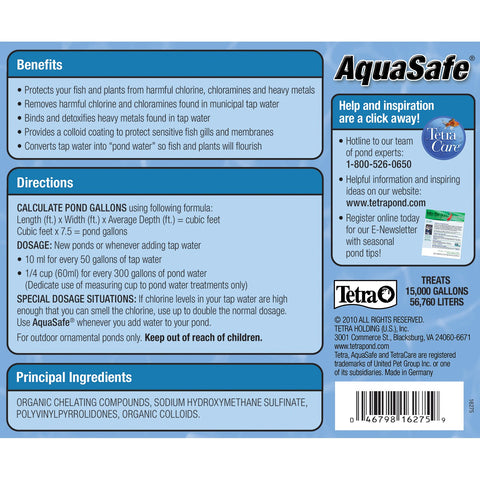 TetraPond AquaSafe chlorine removal illustration showing immediate treatment in pond water.