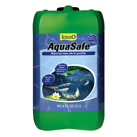TetraPond AquaSafe outdoor pond setup scene highlights easy water conditioning.