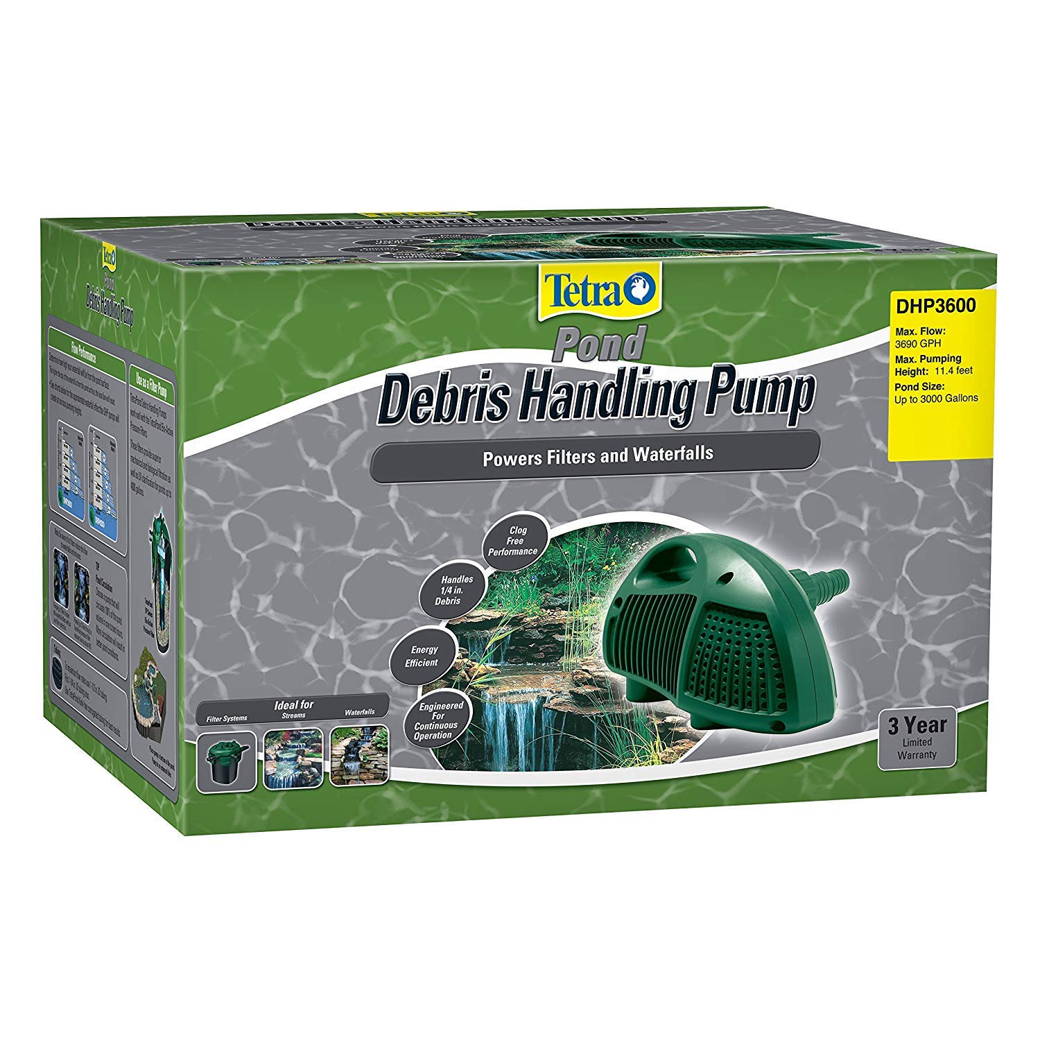 Tetra Pond Debris-Handling Pump energy-efficient motor powers quiet pond circulation.