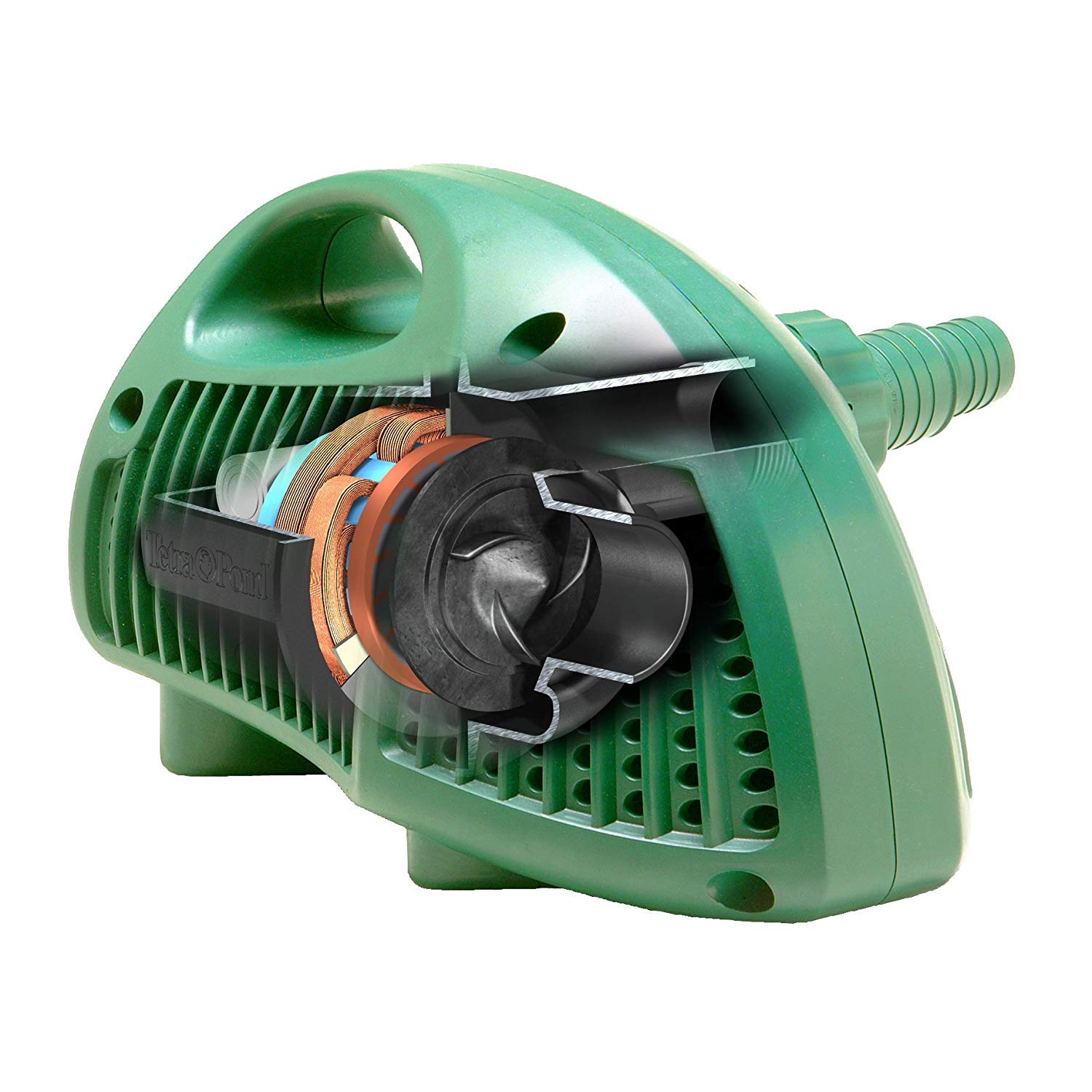 Tetra Pond Debris-Handling Pump close-up shows pre-filter basket and impeller protection.