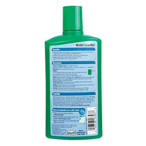 Tetra Pond Water Clarifier dosing visuals illustrate fast clumping of particles.