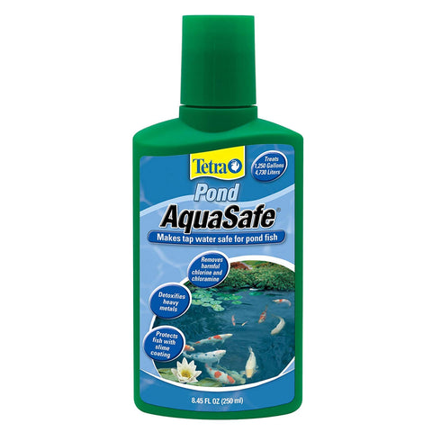 TetraPond AquaSafe bottle pours into pond water to dechlorinate