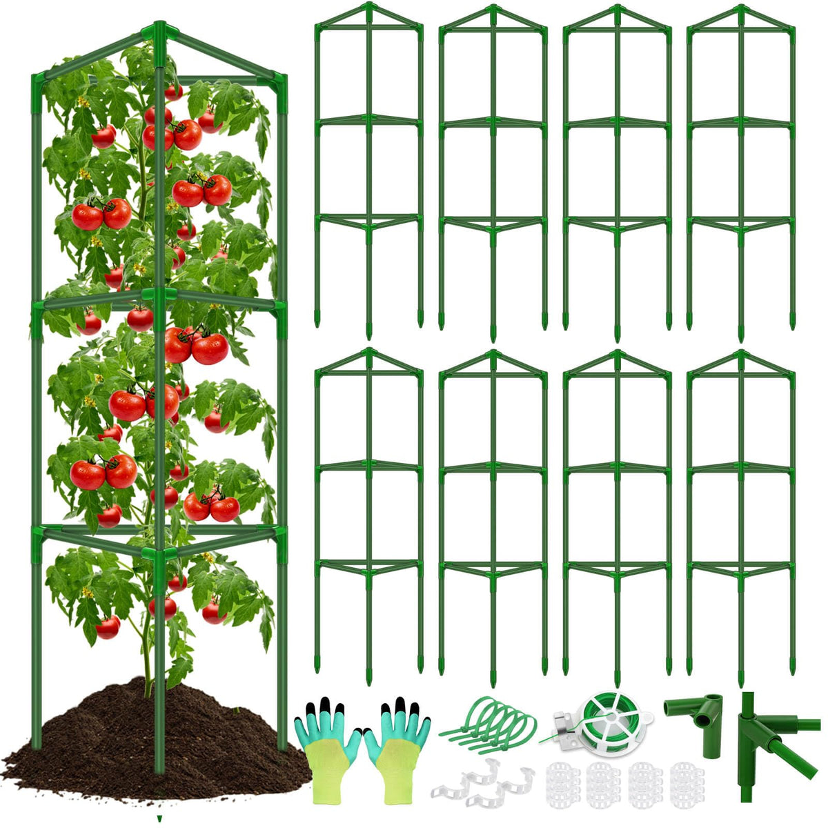 Tetutor 8-pack tomato cages arranged in garden to support vertical growth.