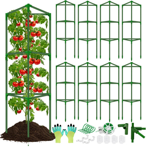 Tetutor 8-pack tomato cages arranged in garden to support vertical growth.