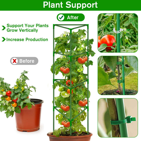 Tetutor cages used in garden beds and greenhouse for versatile support.