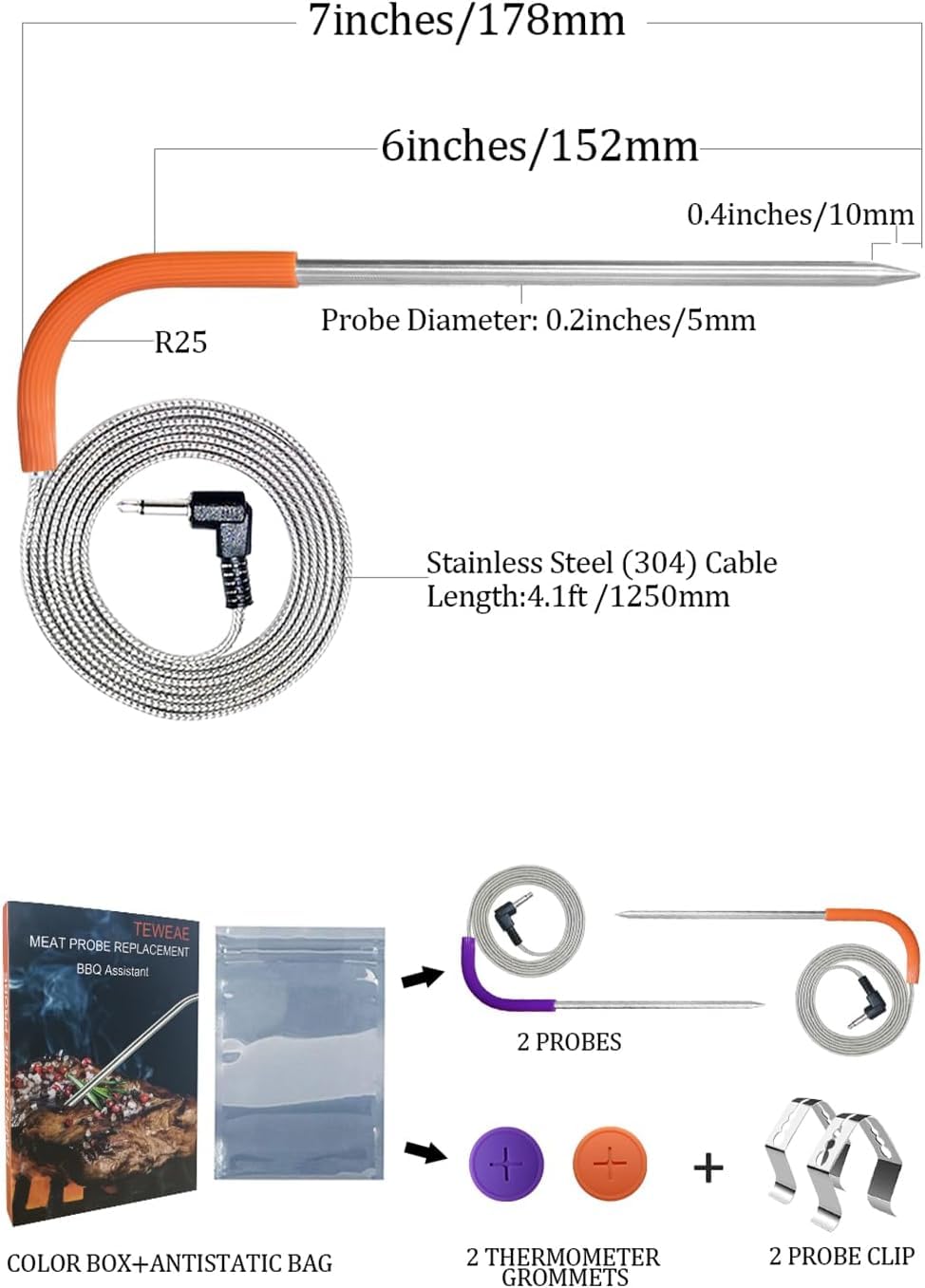 TEWEAE 178mm long probe showing extended reach for monitoring thick cuts.
