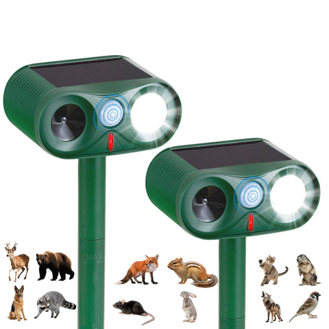 TFKK 2Pack solar deterrent front view with strobe lights deterring wildlife in a garden