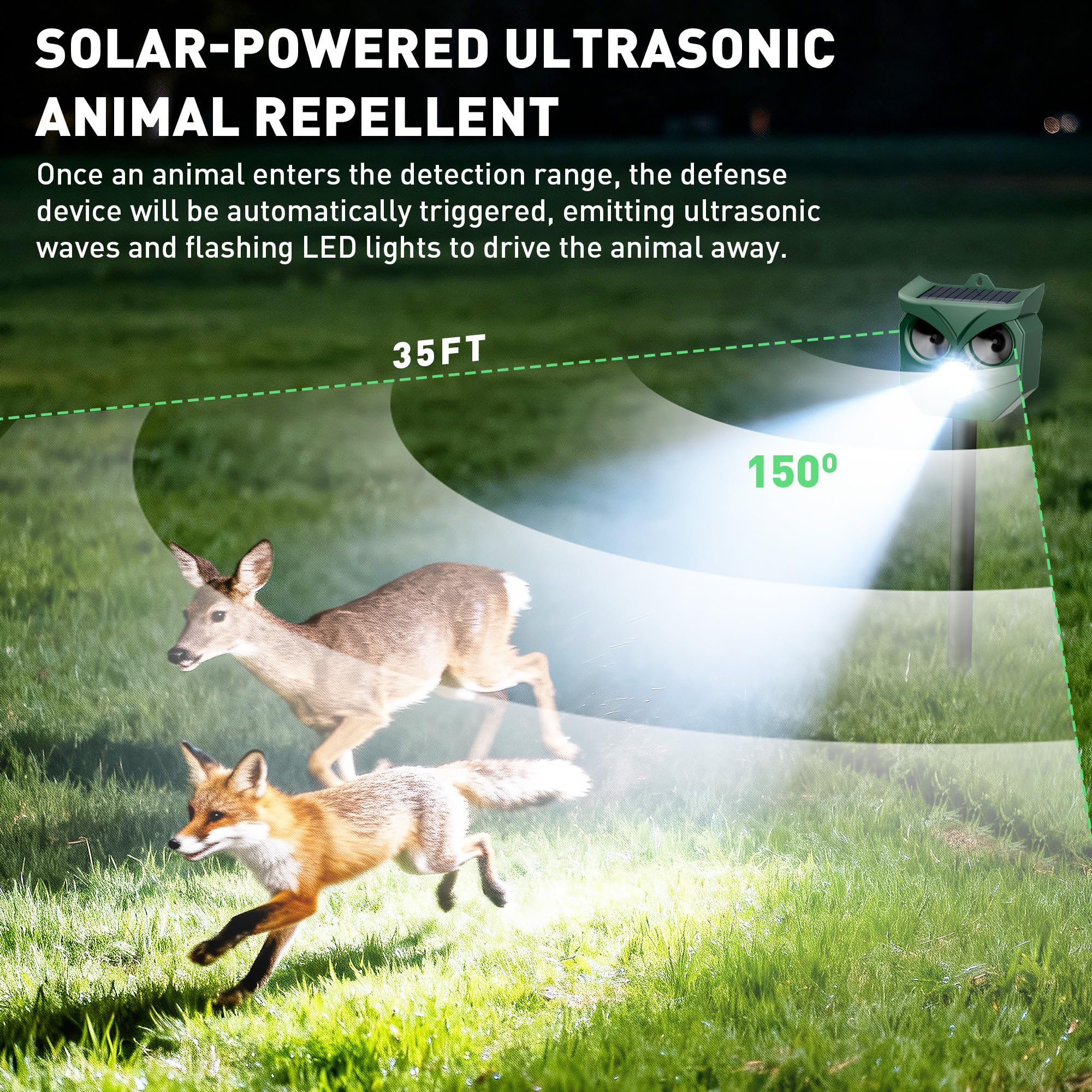 TFKK LED strobe lights activate at night for garden deterrence.