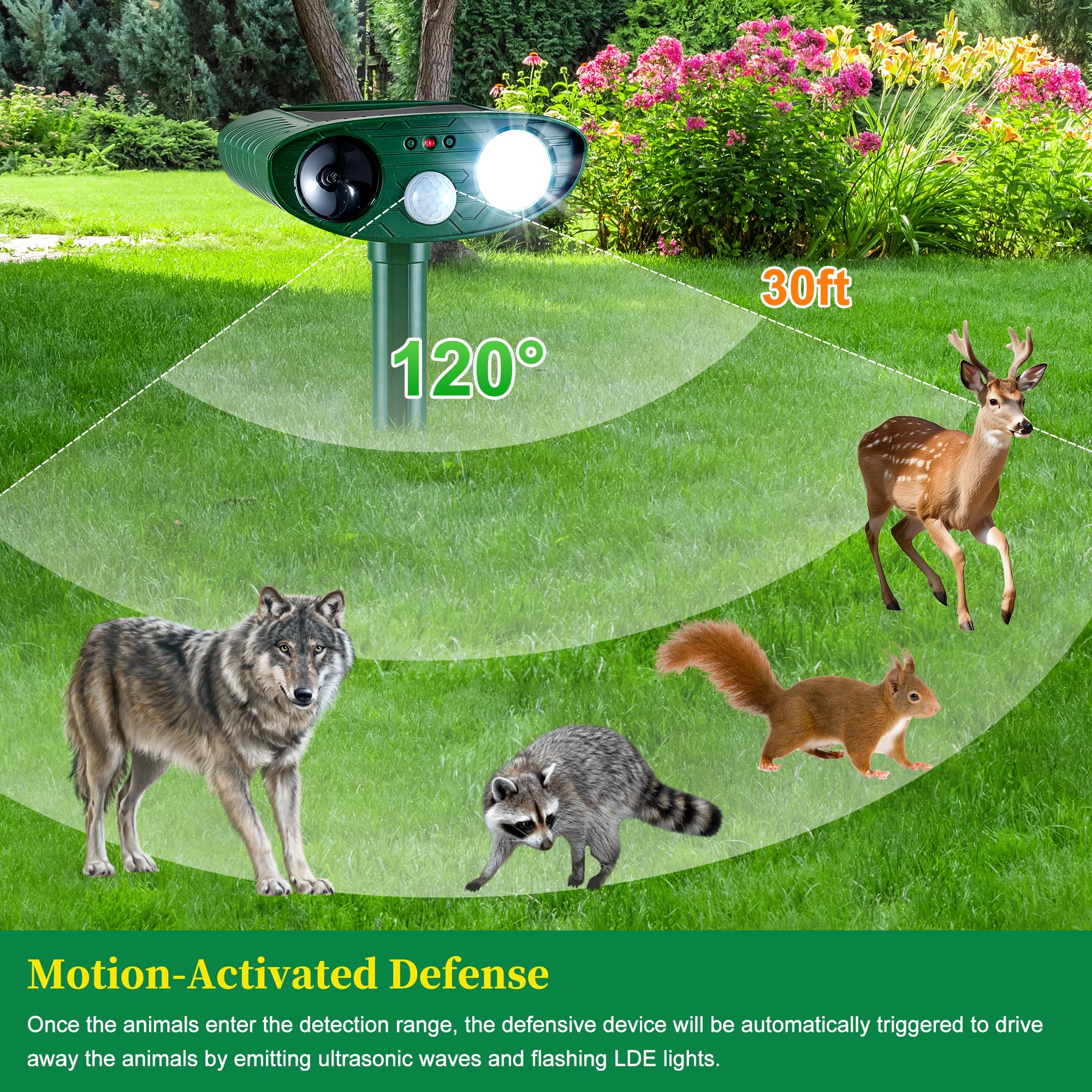 TFKK solar repeller emits ultrasonic sounds and strobe lights for visual-auditory deterrence.