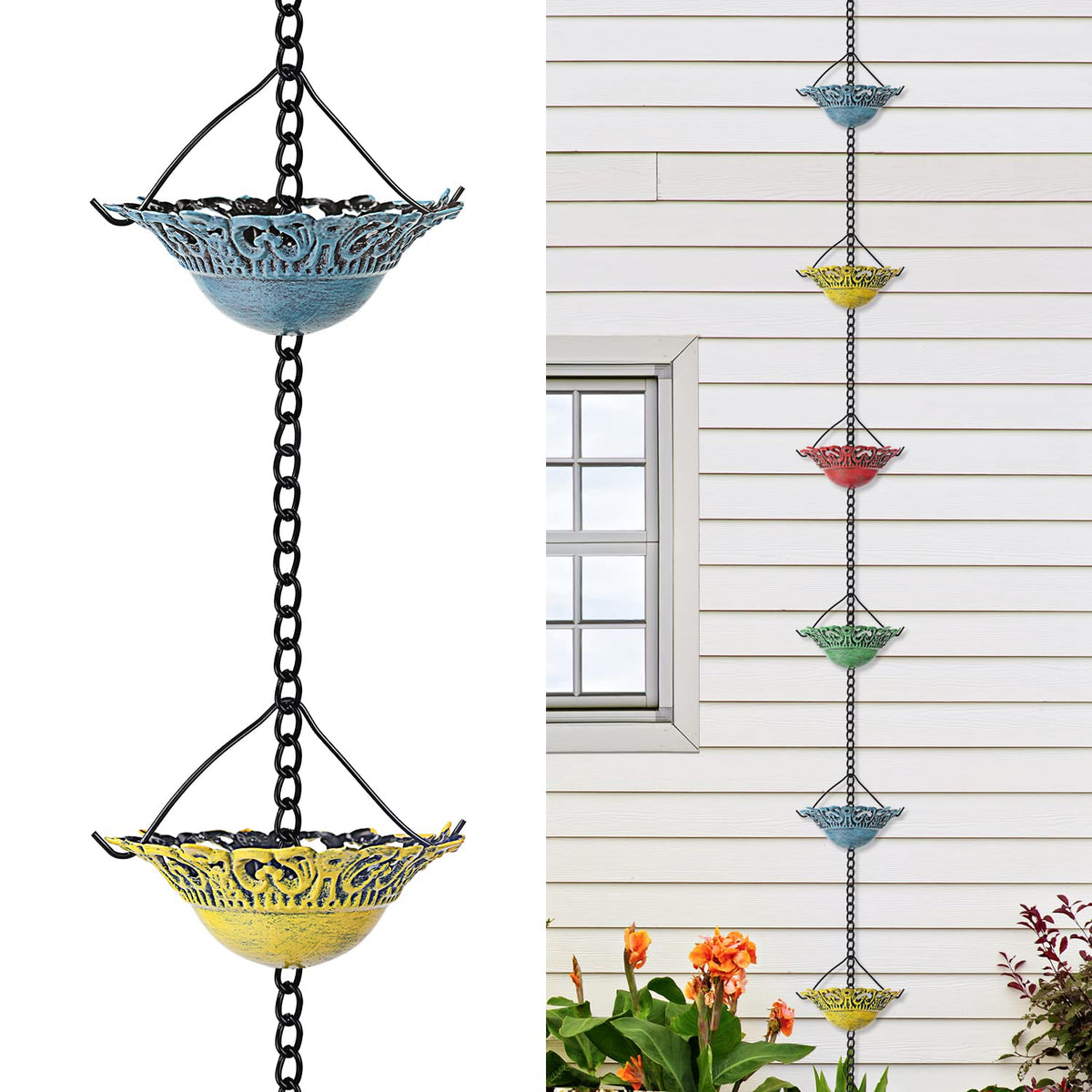 Tfro and Cile rain chain cups show colorful design guiding rainwater along the gutter.
