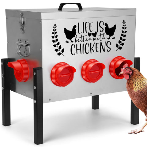 TGEYD 50LB feeder front view highlighting no-waste design and easy access for multiple birds.