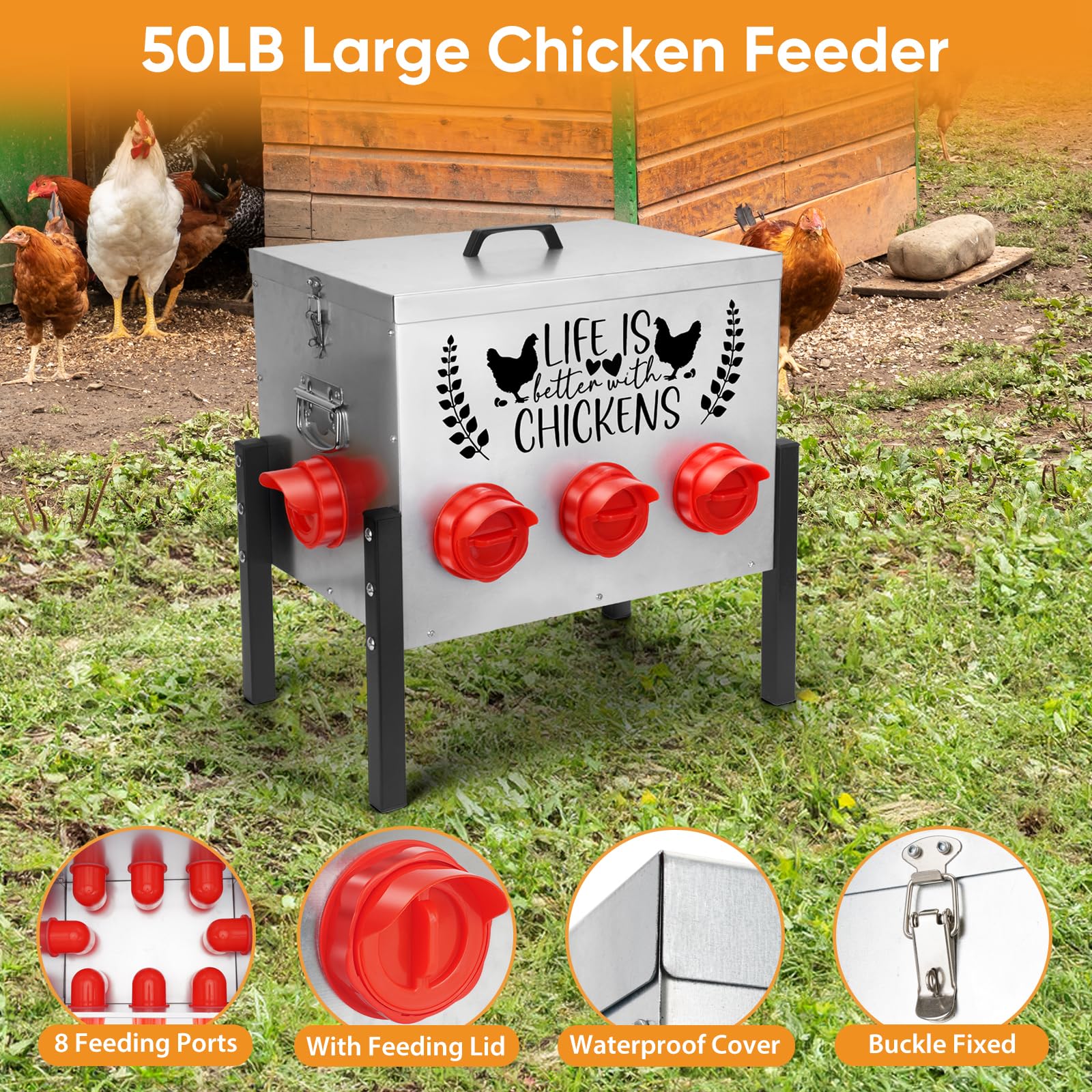 TGEYD 50LB feeder side view demonstrating sturdy legs on uneven ground.