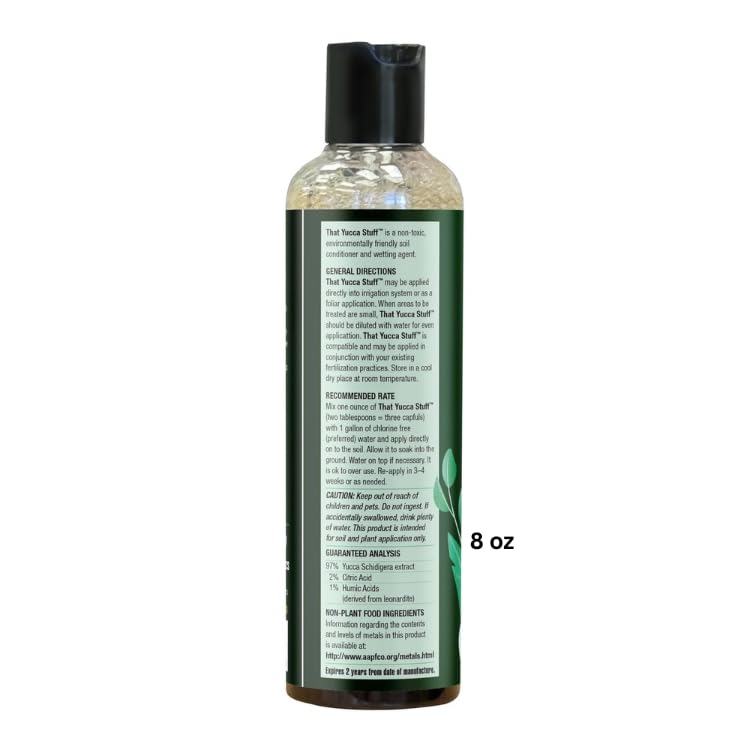That Yucca Stuff yucca extract bottle highlights natural soil conditioning