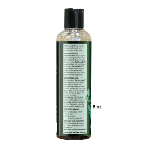 That Yucca Stuff yucca extract bottle highlights natural soil conditioning