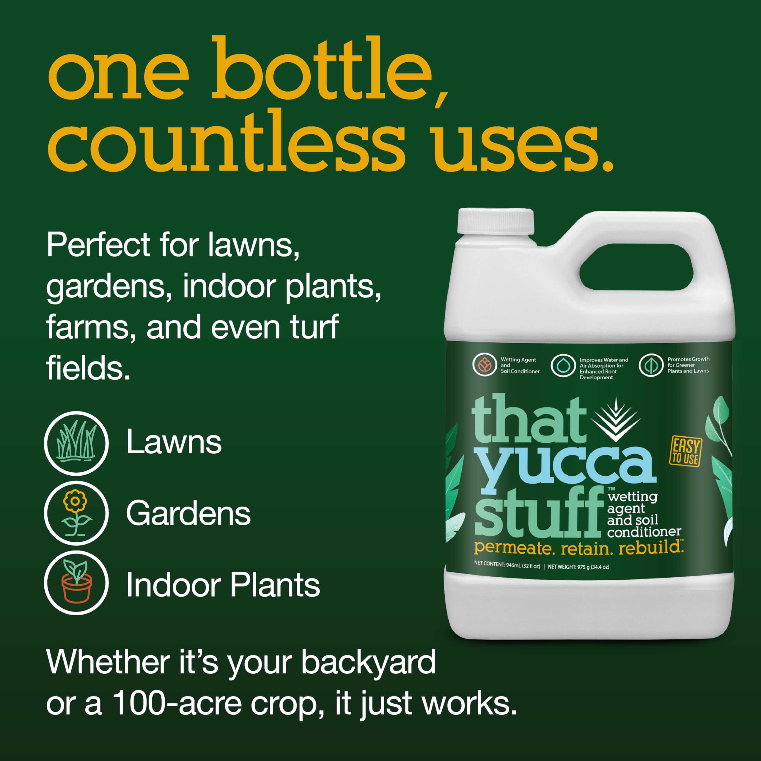 That Yucca Stuff supports lawns and gardens for lasting moisture.