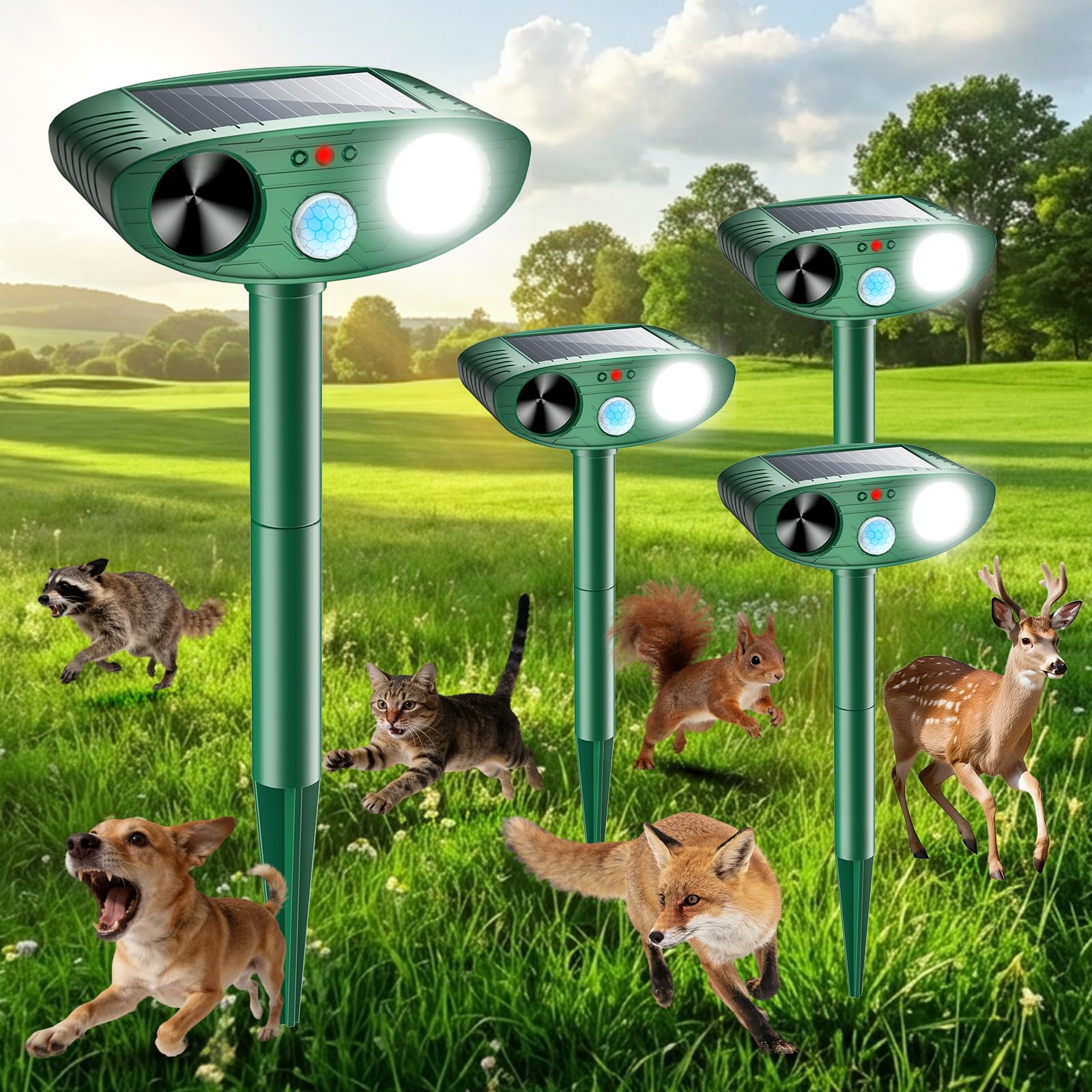 Thcritter 2026 ultrasonic solar animal deterrent front view activates when animals approach