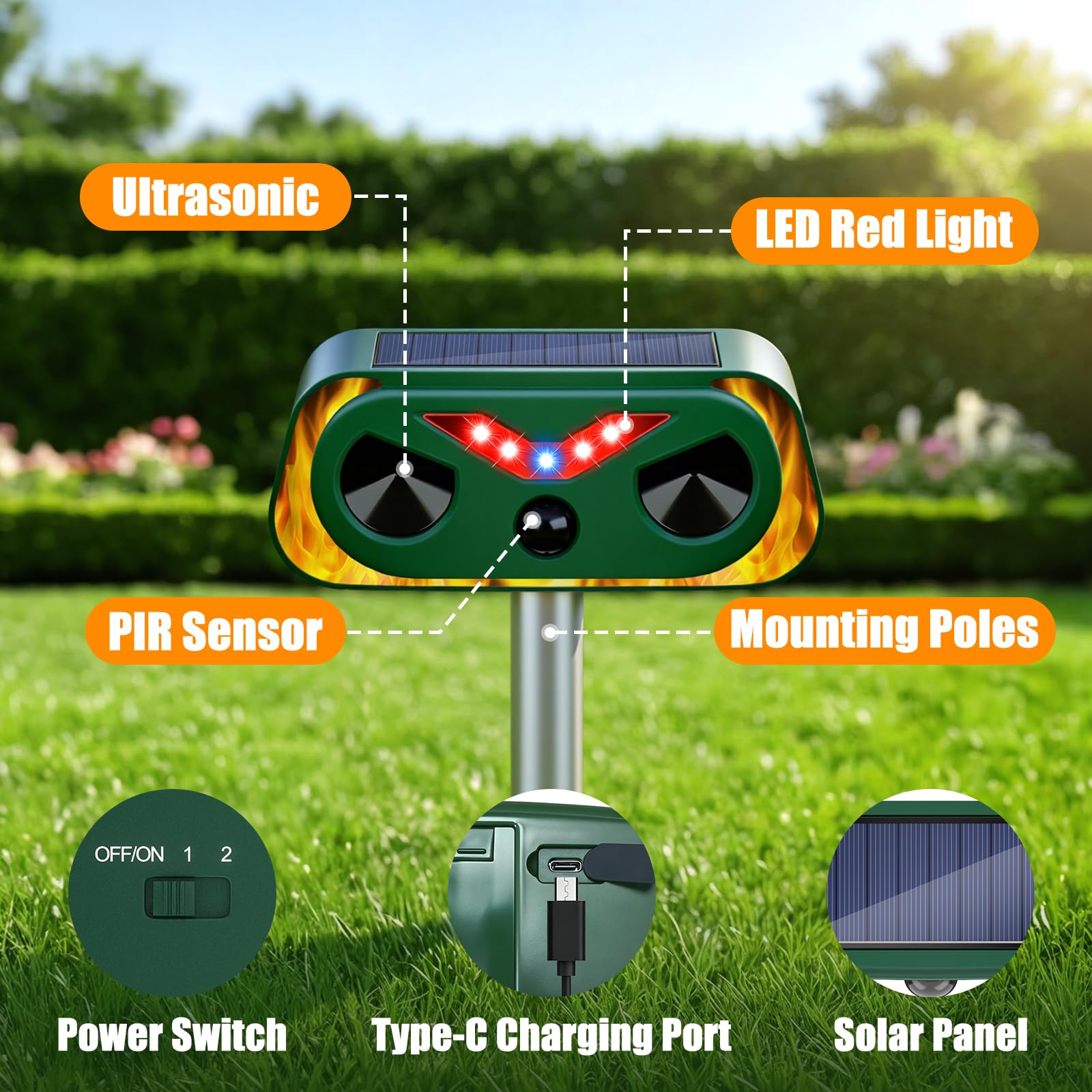 Thcritter dual-power option ensures operation via solar and USB for uninterrupted coverage.