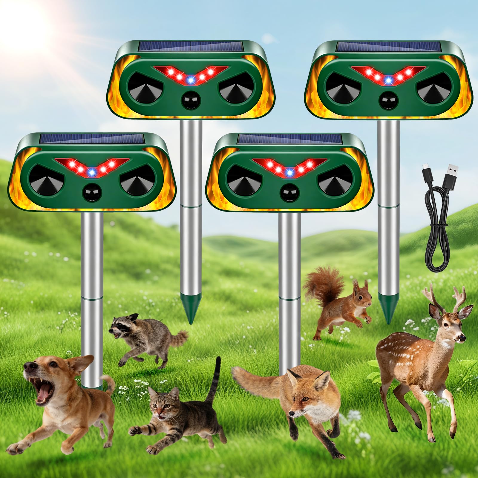 Thcritter solar ultrasonic repellent in front view deterring pests with motion-based deterrence.