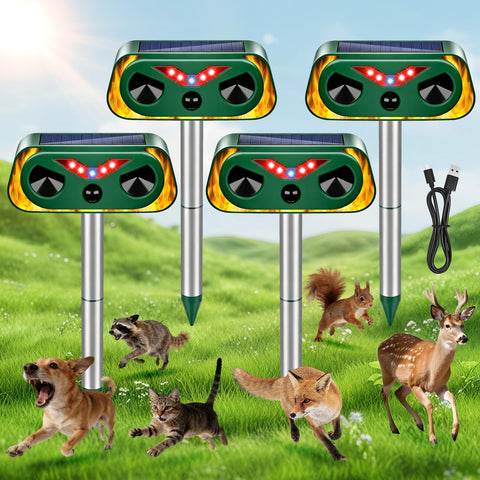 Thcritter solar ultrasonic repellent in front view deterring pests with motion-based deterrence.