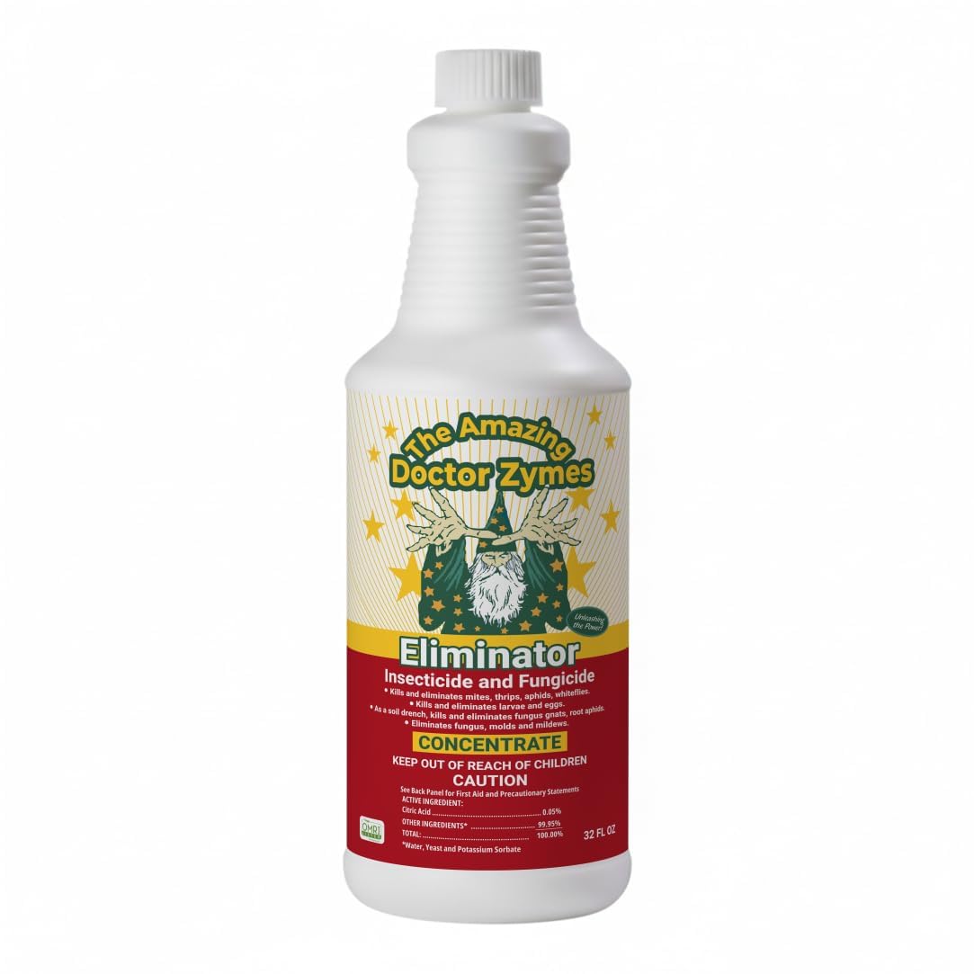 The Amazing Doctor Zymes Eliminator bottle pour showing oil-free pest control in gardens.