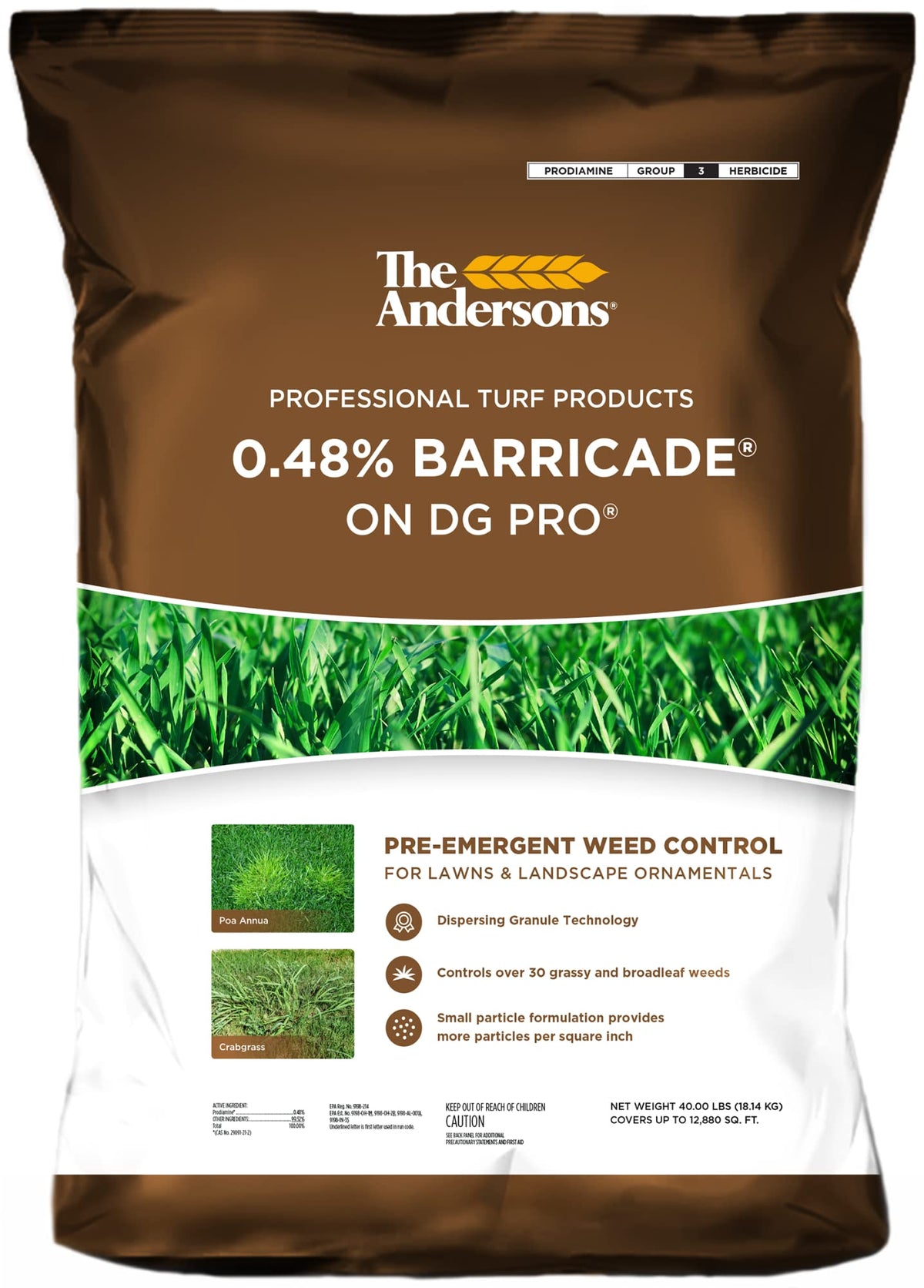 The Andersons Barricade 40lb bag ready for lawn weed prevention.