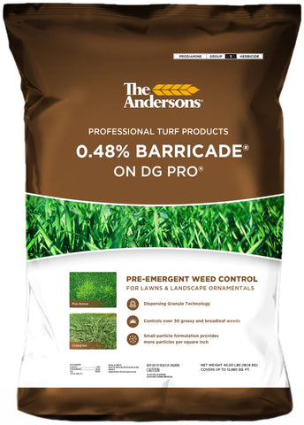 The Andersons Barricade 40lb bag ready for lawn weed prevention.