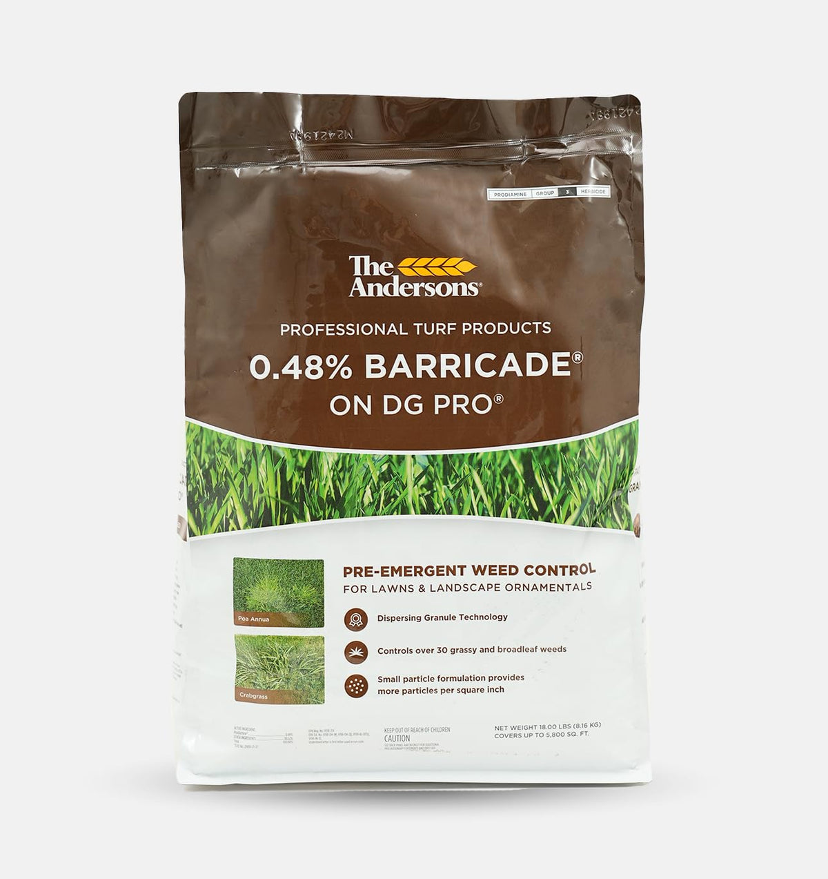 The Andersons Barricade bag front view, professional-grade weed protection for lawns.
