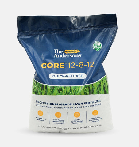The Andersons Core 12-8-12 fertilizer pack front shows quick-release nitrogen for fast turf nutrition.