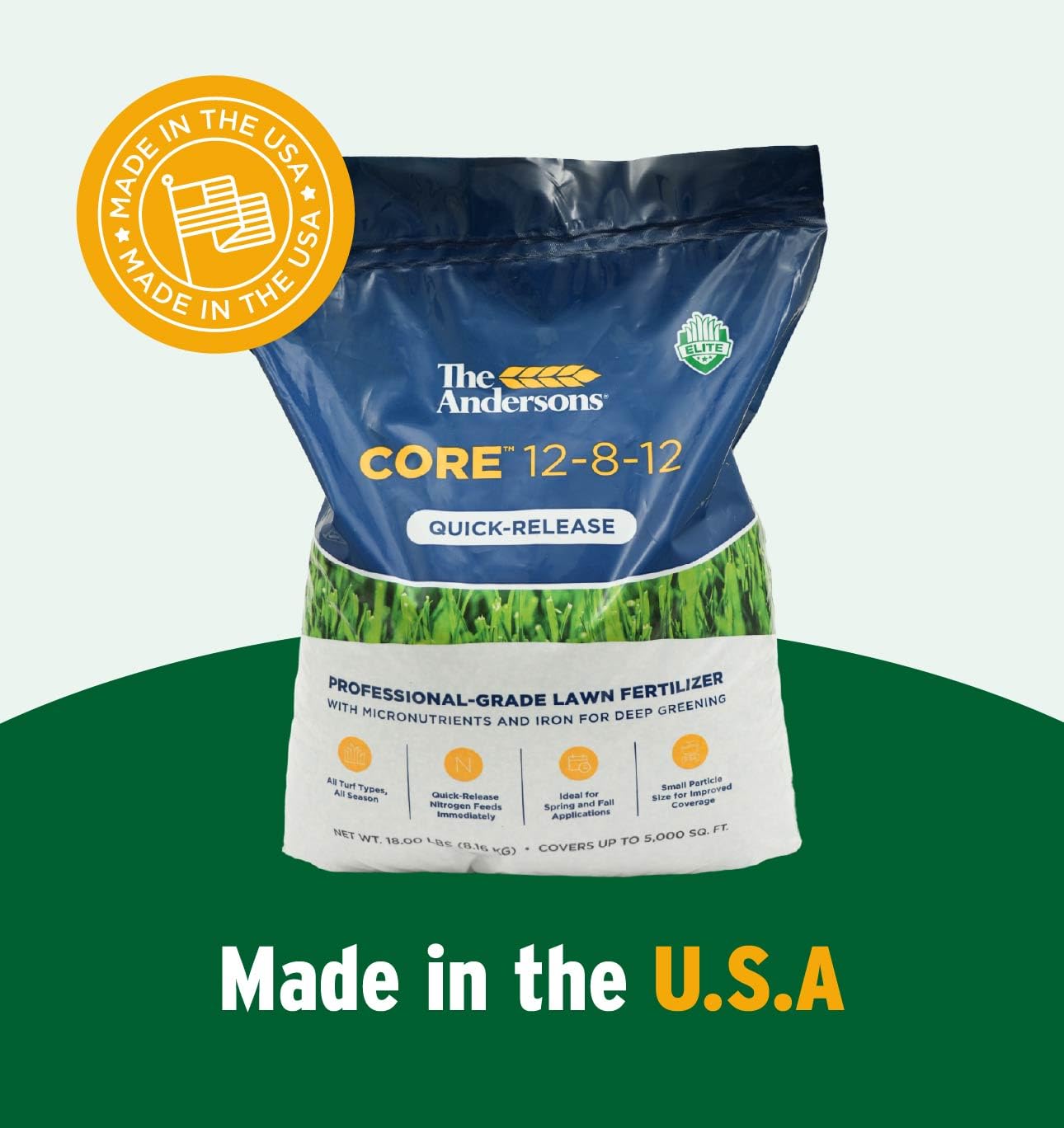 The Andersons Core 12-8-12 iron-nutrient closeup promotes deeper greening.