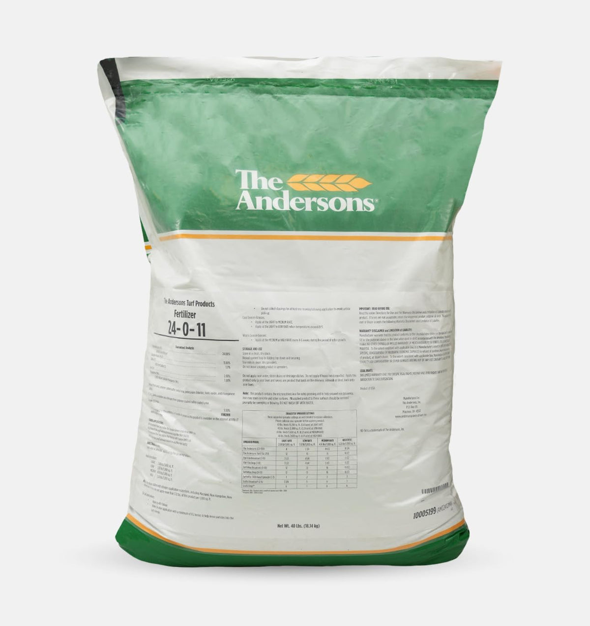 The Andersons Deep Green 24-0-11 bag on lawn for vibrant color and health.
