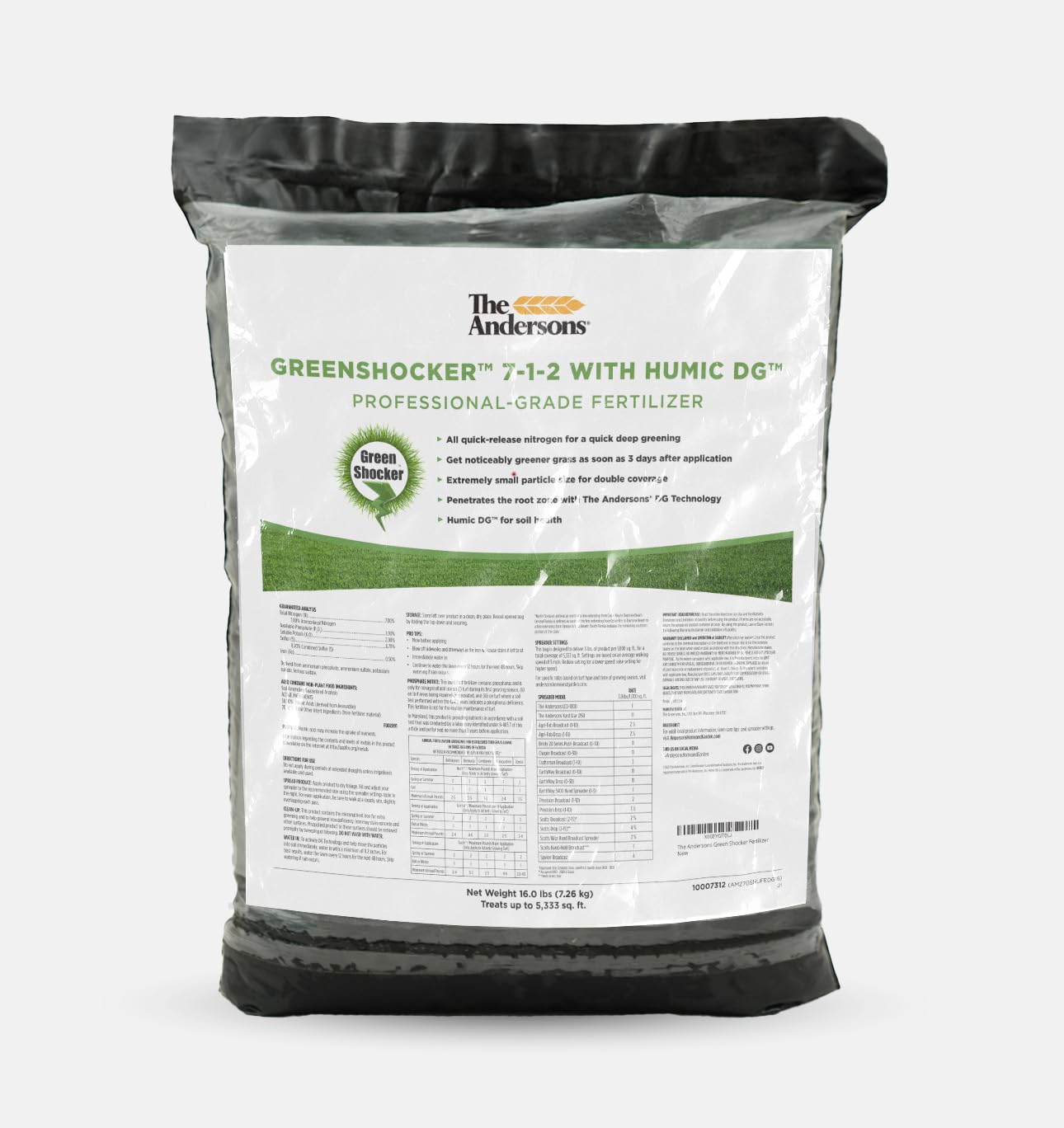 The Andersons Green Shocker 7-1-2 fertilizer bag for even lawn coverage and quick greening.