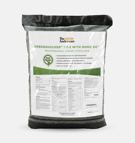 The Andersons Green Shocker 7-1-2 fertilizer bag for even lawn coverage and quick greening.