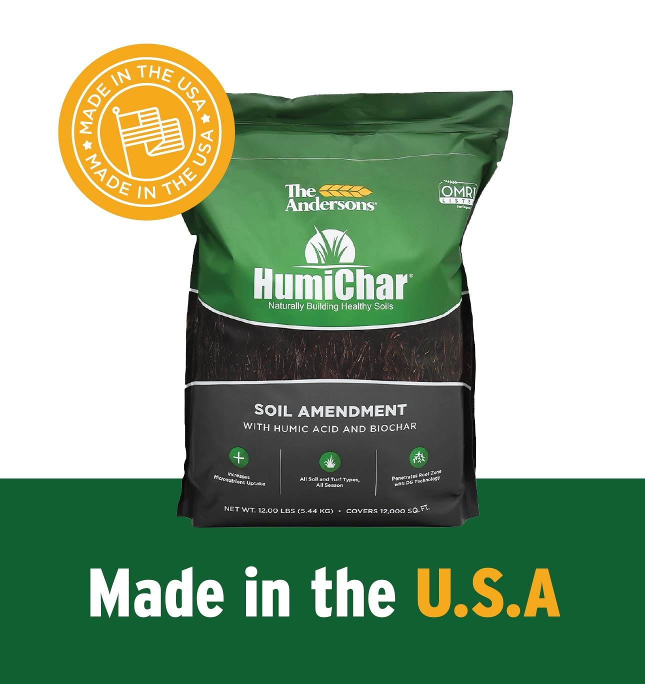 The Andersons Humichar lawn and garden use supports fertilizer compatibility.