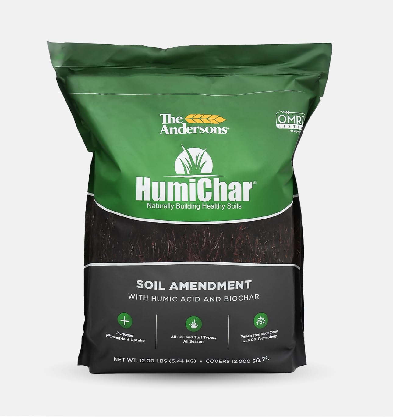 The Andersons Humichar organic soil amendment bag boosts soil health and lawn vitality.
