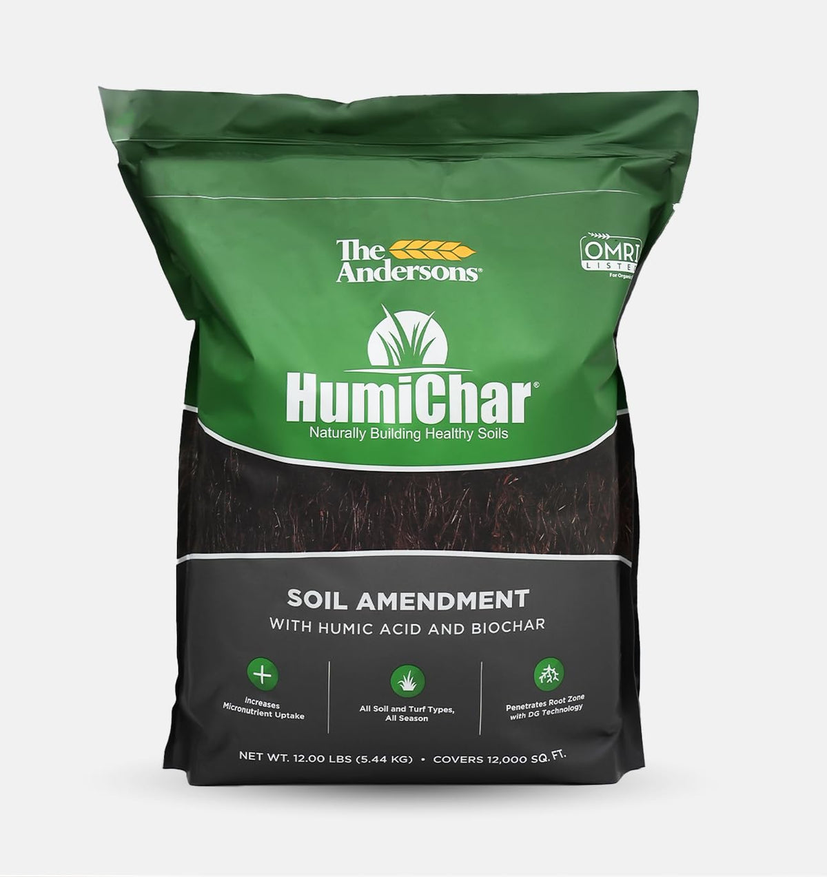 The Andersons Humichar organic soil amendment bag boosts soil health and lawn vitality.