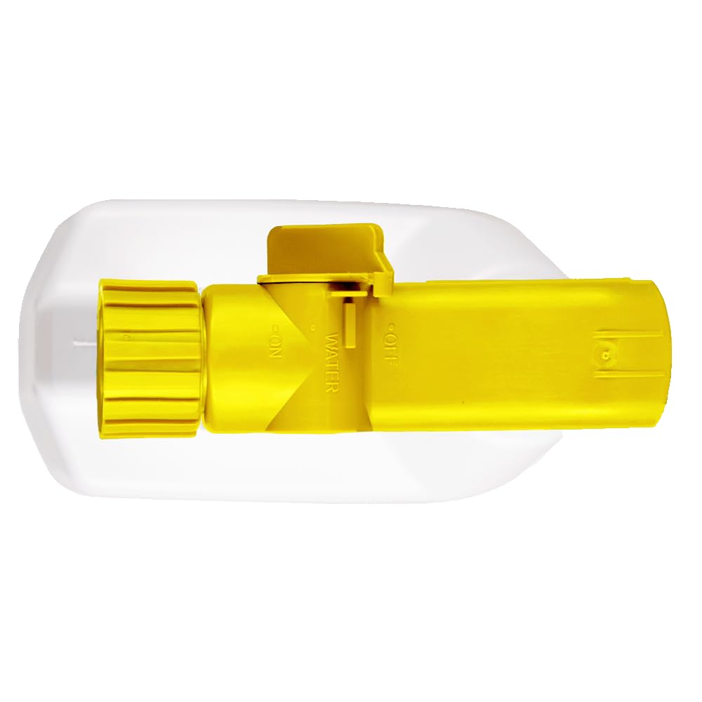Hose-end sprayer attached to a hose for easy lawn product application.