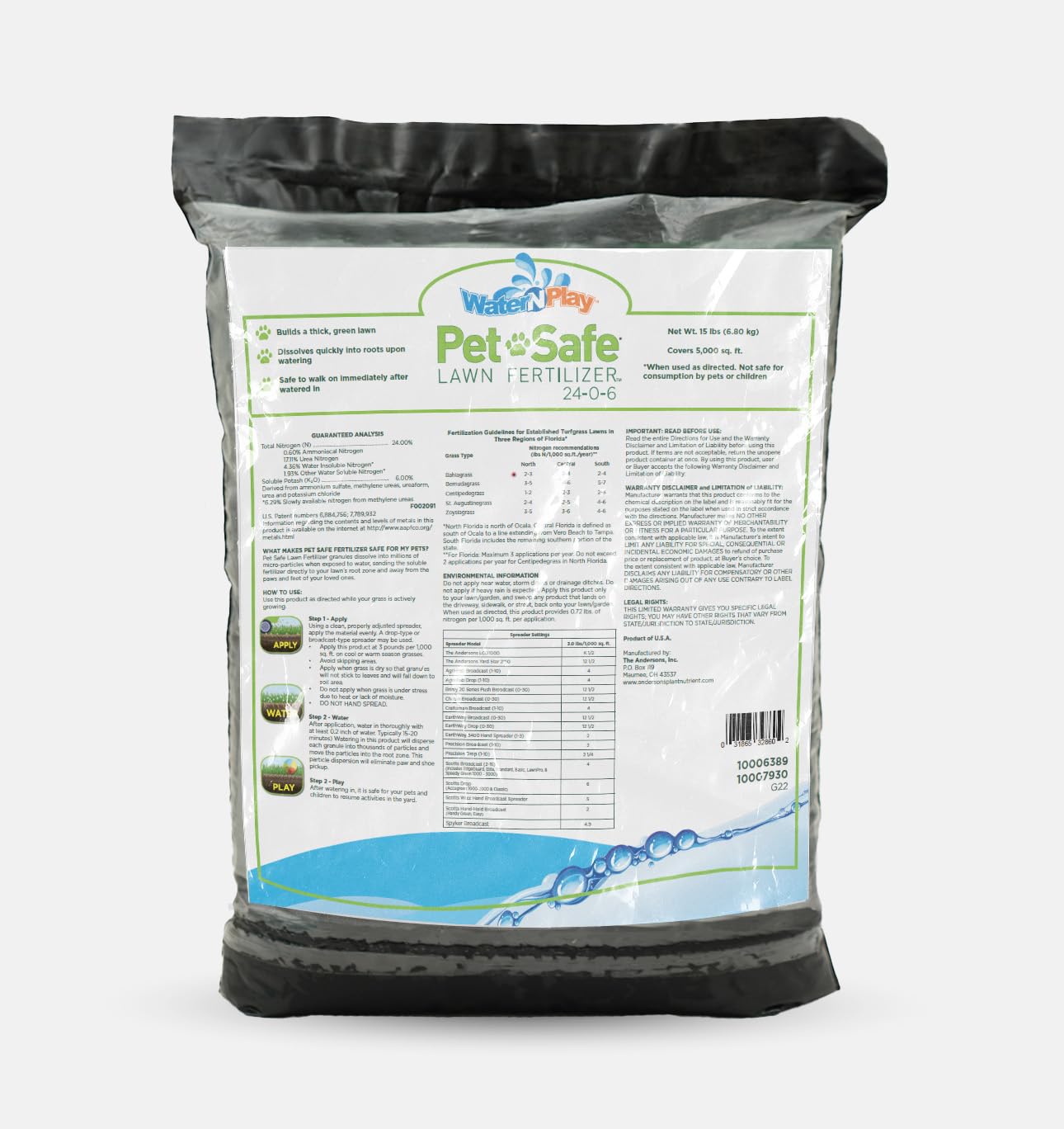 The Andersons Pet Safe 24-0-6 fertilizer bag close-up for pet-friendly lawn care.