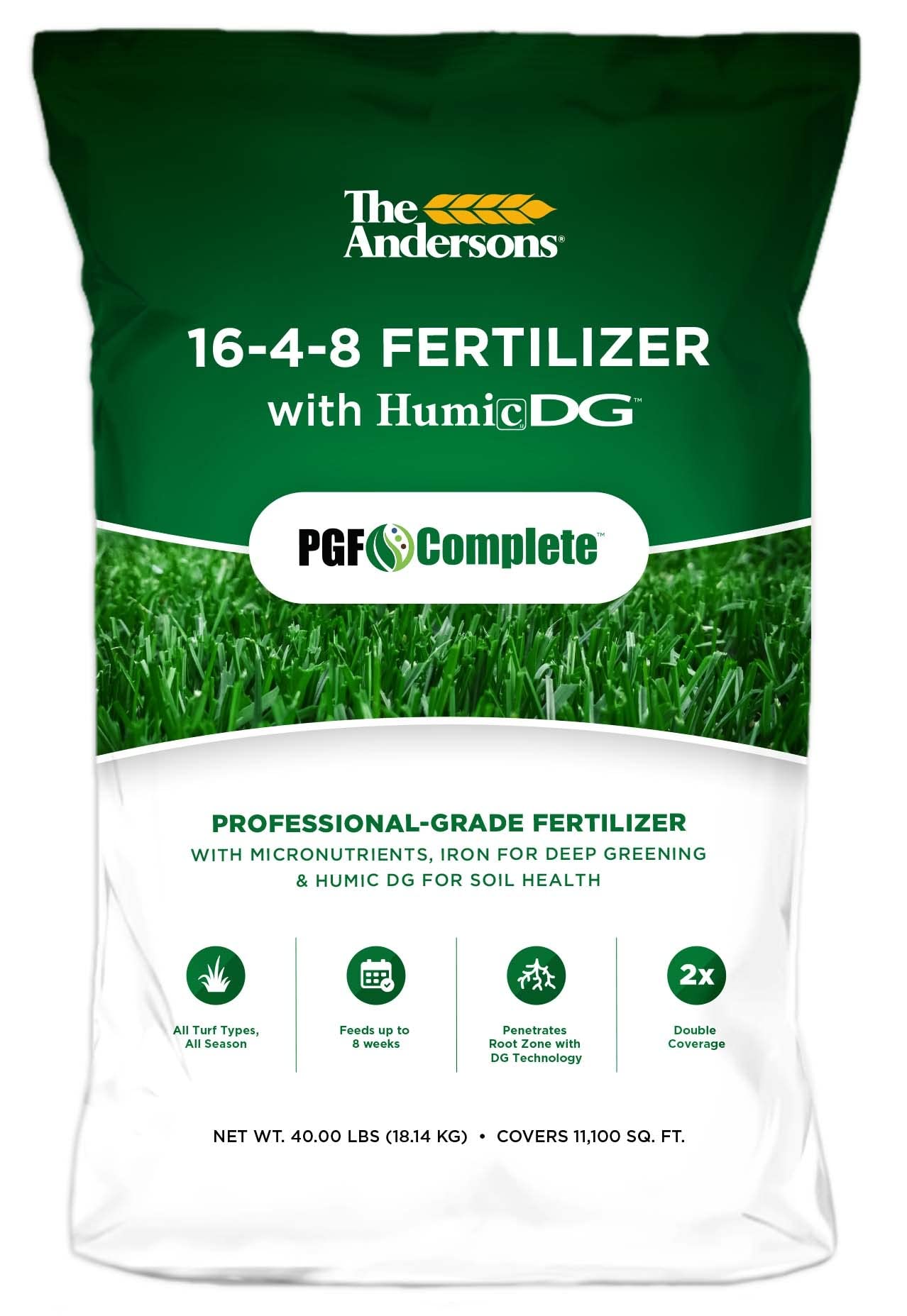 The Andersons PGF Complete 16-4-8 fertilizer bag close-up shows fine texture for even distribution.