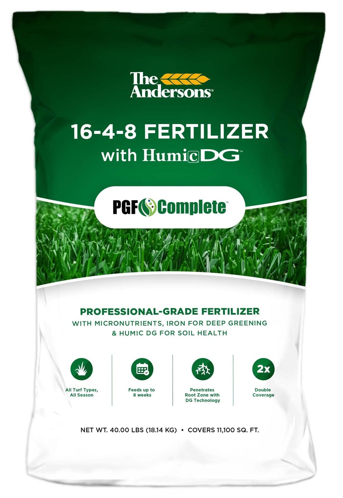 The Andersons PGF Complete 16-4-8 fertilizer bag close-up shows fine texture for even distribution.