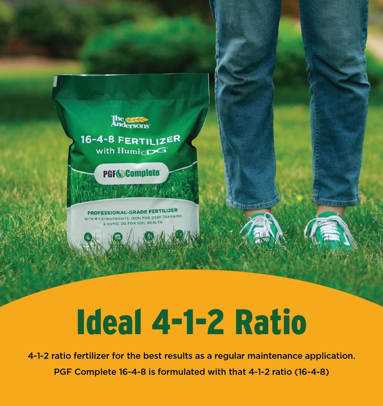 The Andersons PGF Complete 16-4-8 image shows nitrogen-release timing for steady feeding.