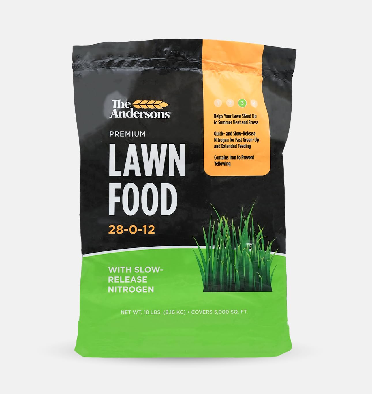 The Andersons Premium Lawn Food bag front with 28-0-12 formula for quick greenup