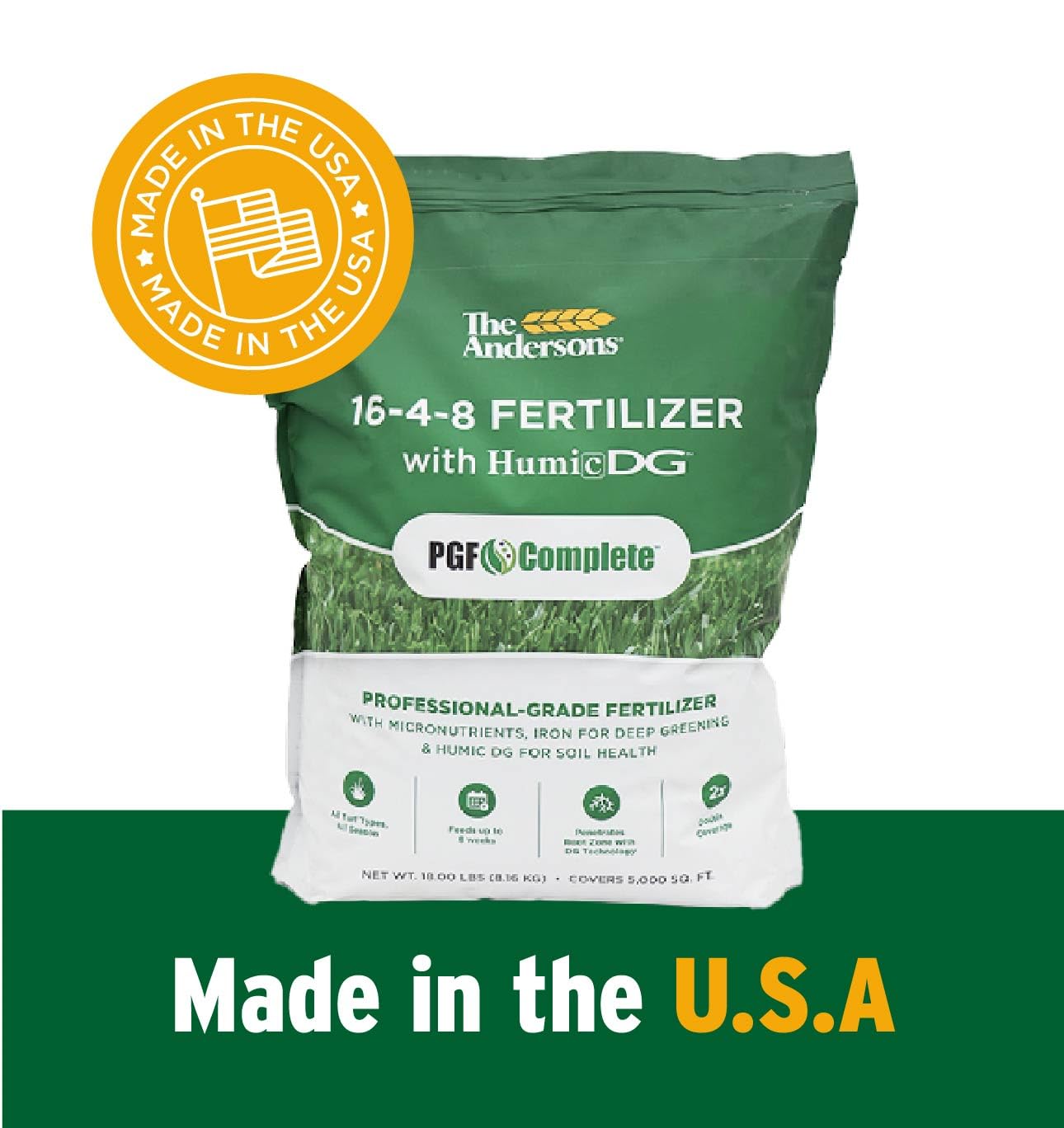 Package corner displays the 16-4-8 ratio for lawn care.